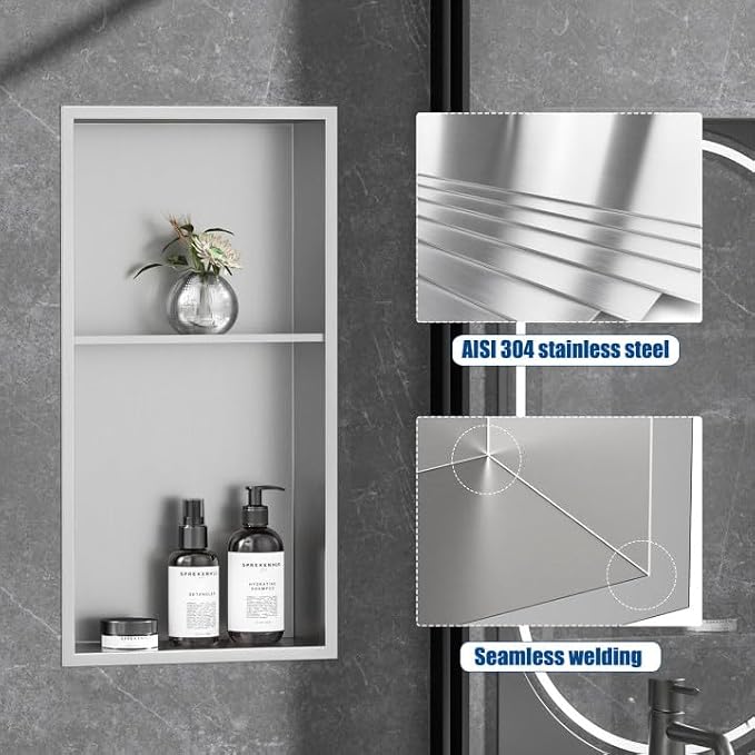Neodrain No Tile Shower Niche, Brushed Stainless Steel Bathroom Shelf 24" X 12" - Image 5