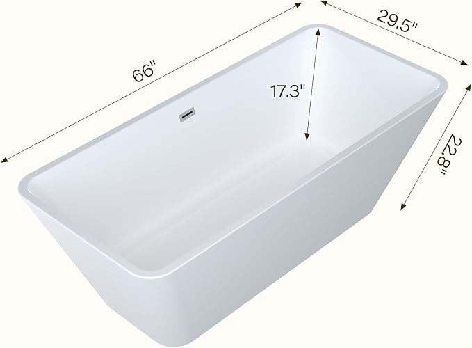 66 Inch Freestanding Bathtub, Acrylic Deep Soak Tub, Glossy White, Easy Install - Image 2