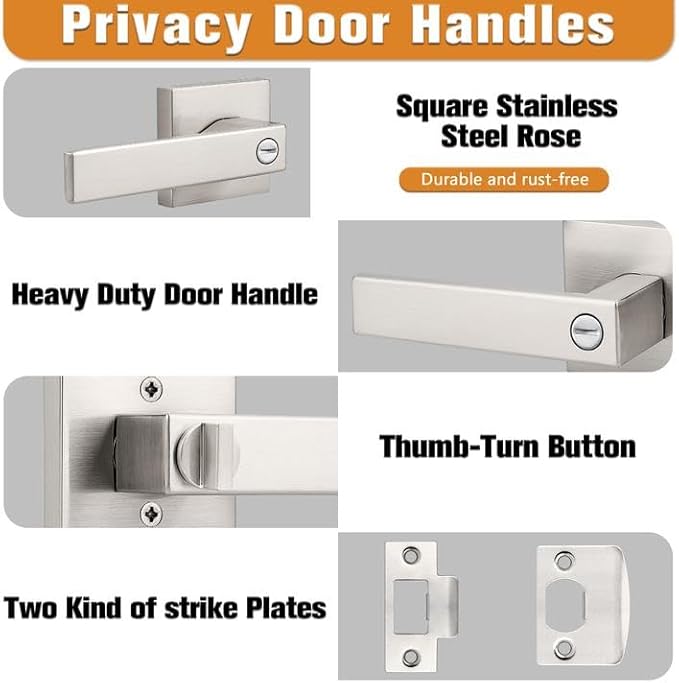 Probrico Interior Brushed Nickel Door Handle, Heavy Duty, Flat Square Privacy - Image 3