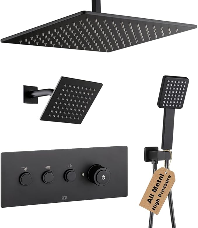 POP SANITARYWARE Matte Black Shower Faucet Set Bathroom Rainfall Shower System by POPSANITARYWARE