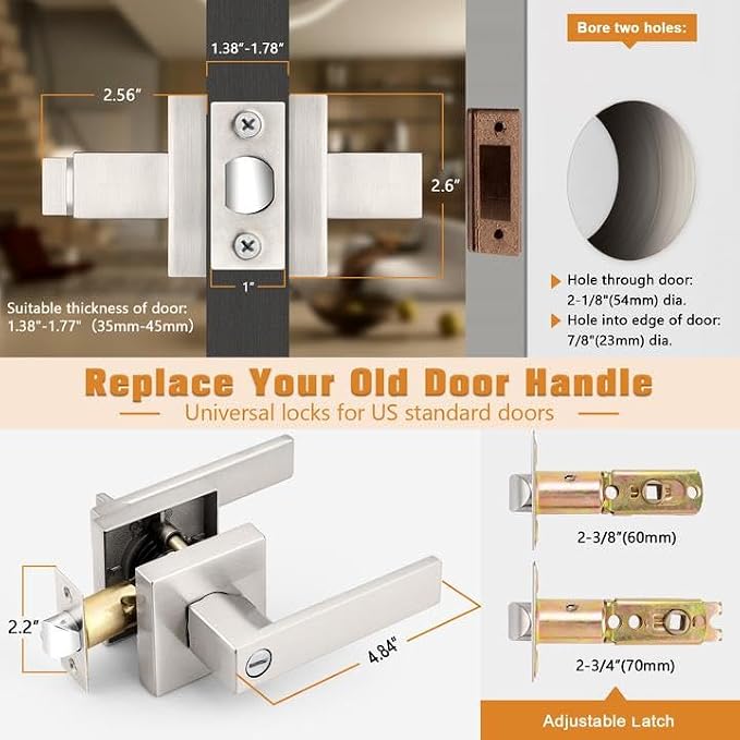 Probrico Interior Brushed Nickel Door Handle, Heavy Duty, Flat Square Privacy - Image 6
