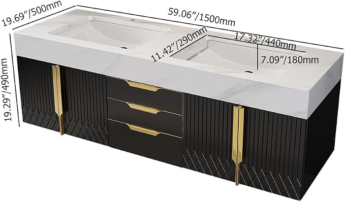 homary 59" Floating Bathroom Vanity Set, Wall-Mounted Double Vessel Sink - Image 2