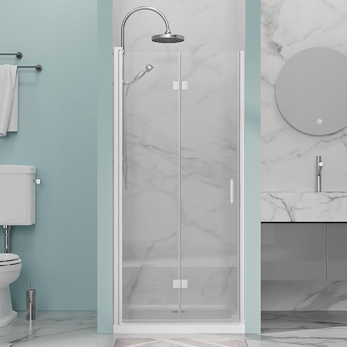 32 in.W x 72 in.H Bifold Frameless Glass Shower Door 1/4” Tempered Clear Glass by Bathenum