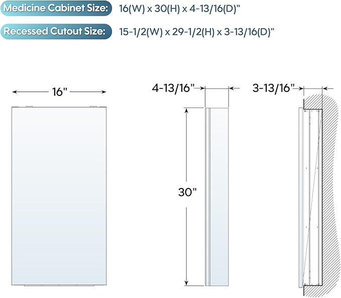 WELLFOR 16" x 30" Bathroom Medicine Cabinet, Anodized Chrome Aluminum Frame - Image 2
