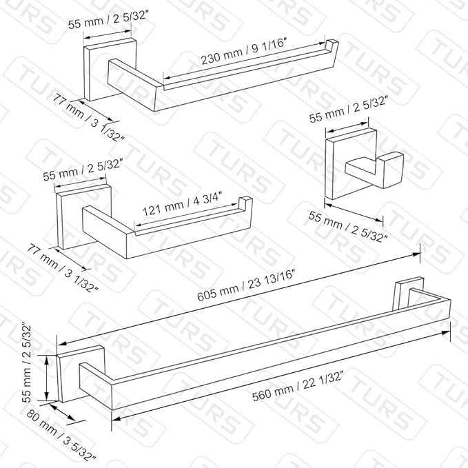 TURS Black Bathroom Towel Bar Set Square 5 Pieces Bathroom Hardware Set Matte - Image 6