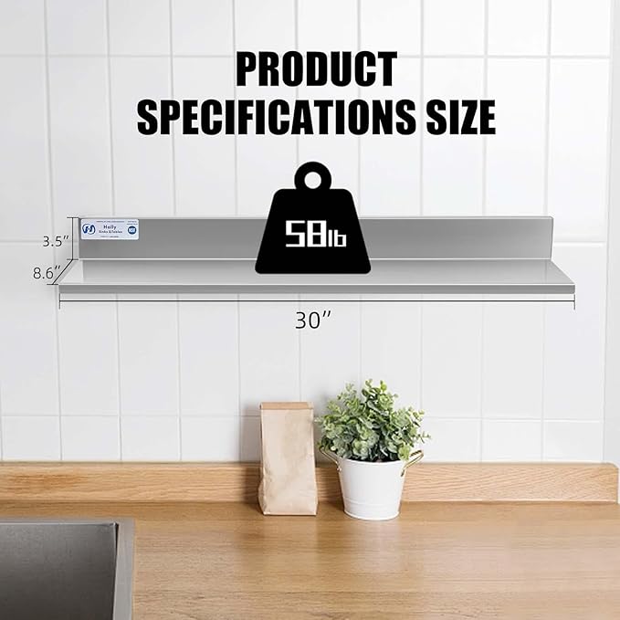 Hally Stainless Steel Wall Shelf 8.6 x 30 Inches 58 lb, NSF Commercial Heavy - Image 3