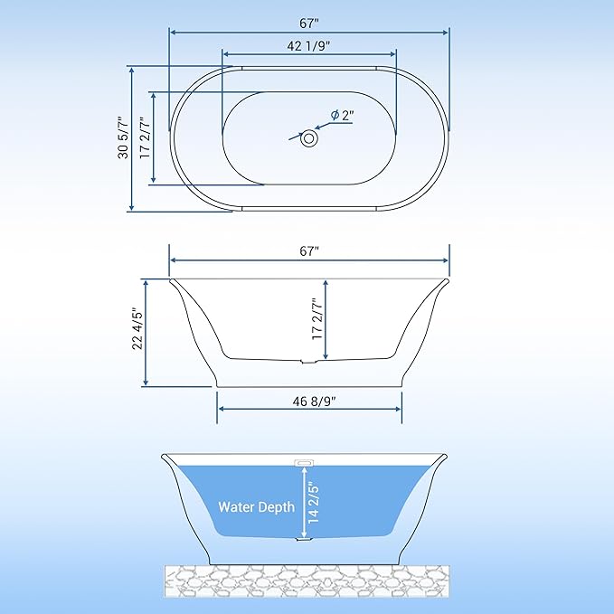 Freestanding Bathtub 67 Inch Oval Acrylic Soaker Tub – Glossy White Flared-Edge - Image 2