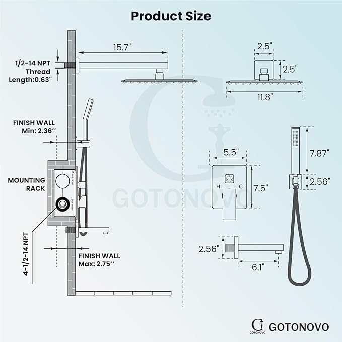 gotonovo Shower System with Tub Spout Wall Mounted Rain Shower Head and Handle - Image 4