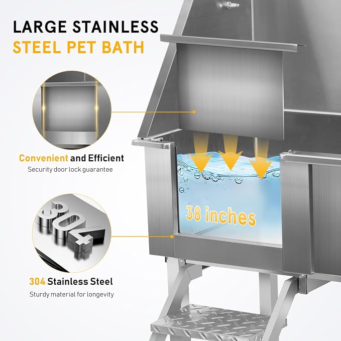 Dog Washing Station, 38 Inch Stainless Steel Bathing Station, Pet Dog Grooming - Image 5