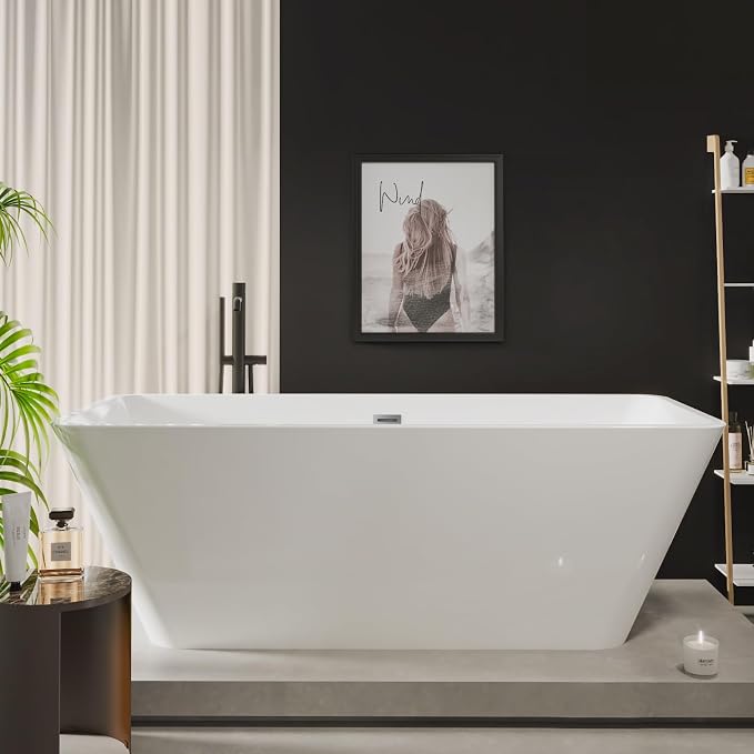 66 Inch Freestanding Bathtub, Acrylic Deep Soak Tub, Glossy White, Easy Install by Unknown