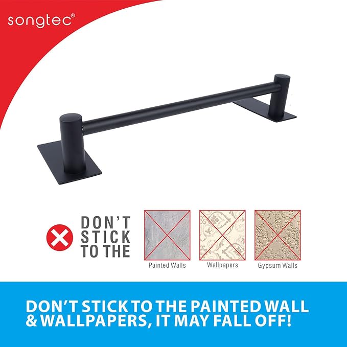Songtec Stick Towel Bar Black 12-Inch, Adhesive Bath Towel Rack No Drill - Image 3