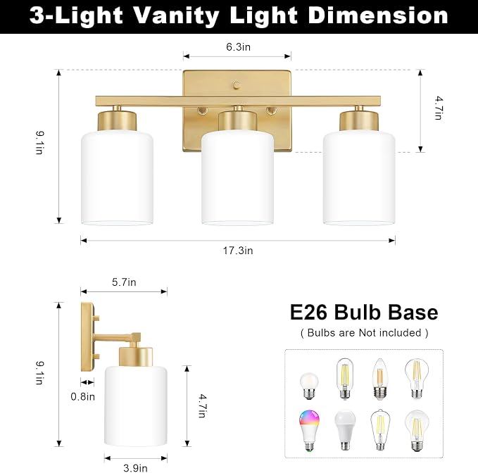 Gold Bathroom Light Fixtures, 3-Light Modern Vanity Light Over Mirror, Wall - Image 2