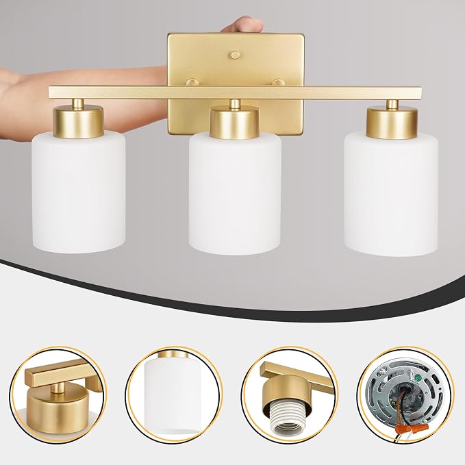 Gold Bathroom Light Fixtures, 3-Light Modern Vanity Light Over Mirror, Wall - Image 8
