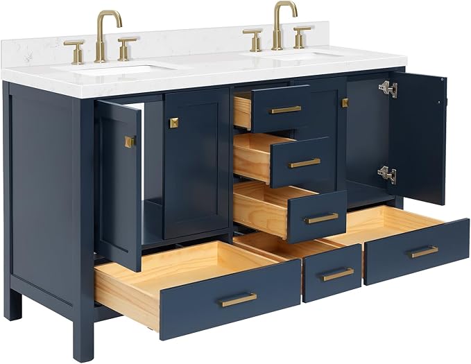 ARIEL Cambridge 60 Inch Midnight Blue Bathroom Vanity Double Sink, Solid Wood - Image 8
