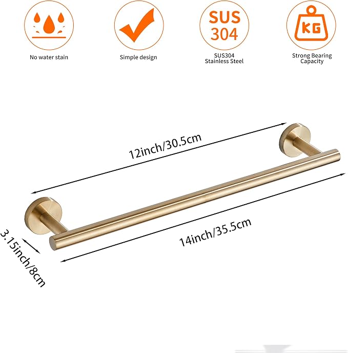 Bath Towel Bar, 12 Inch 304 Stainless Steel Thicken Towel Holder - Image 2