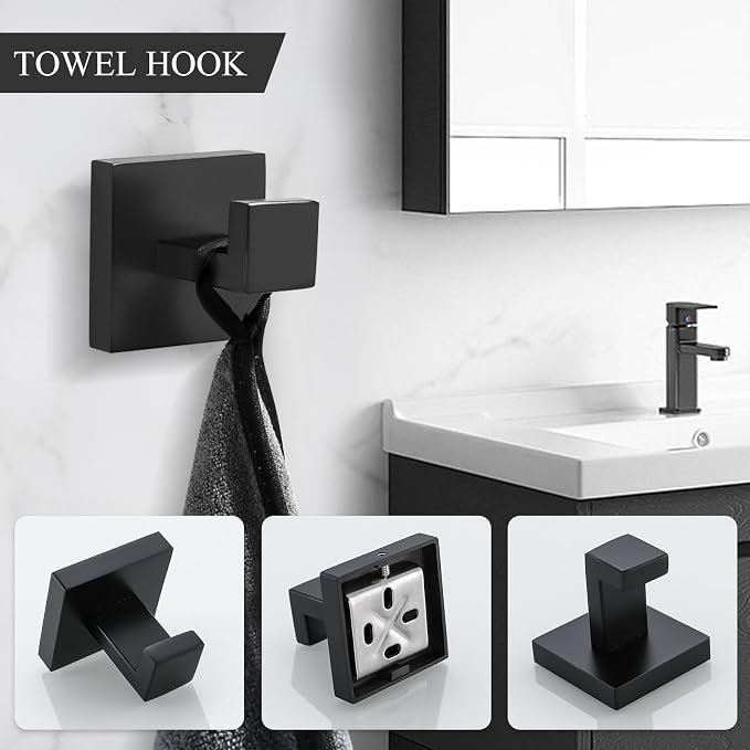 TURS Black Bathroom Towel Bar Set Square 5 Pieces Bathroom Hardware Set Matte - Image 5