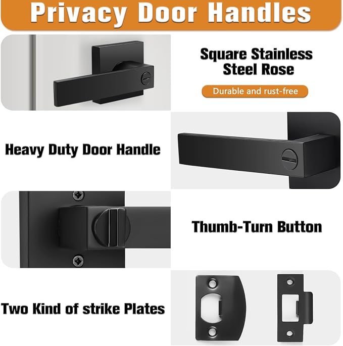 Probrico 5 Pack| Matte Black Square Privacy Door Levers Bed Bath Door Handles - Image 3