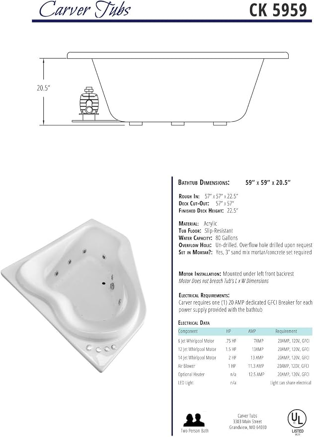 Carver Tubs - CK5959 - Modern Acrylic Whirlpool Tub Water Massage Two Person - Image 7