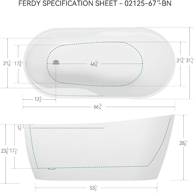 FerdY Lana'i 67" Freestanding Bathtub, Gracefully Shaped Freestanding Soaking - Image 7