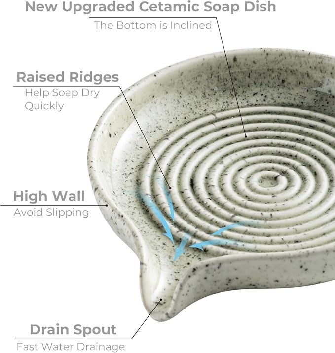Soap Dish with Self-Draining Design, Ceramic Soap Holder with Drain Spout Soap - Image 3