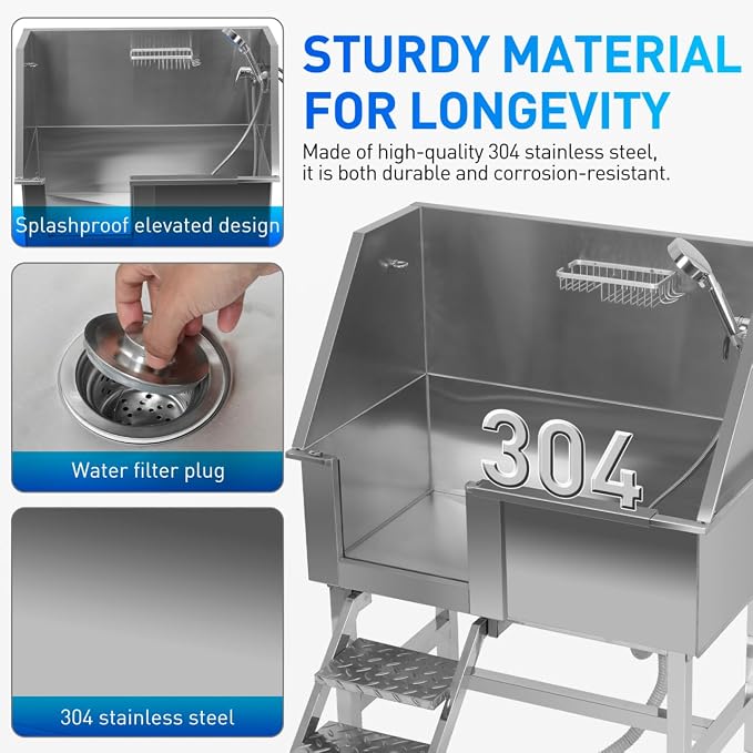 Dog Washing Station, 38 Inch Stainless Steel Bathing Station, Pet Dog Grooming - Image 6