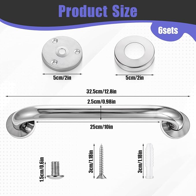 6 Pack 12 Inch Grab Bars for Bathtubs and Showers, Stainless Steel Bathroom - Image 2