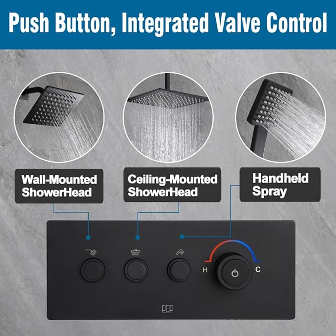 POP SANITARYWARE Matte Black Shower Faucet Set Bathroom Rainfall Shower System - Image 5