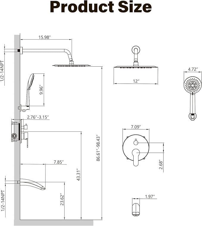 Gabrylly Shower System with Tub Spout, Bathtub Shower Faucet Set with 12" Rain - Image 8