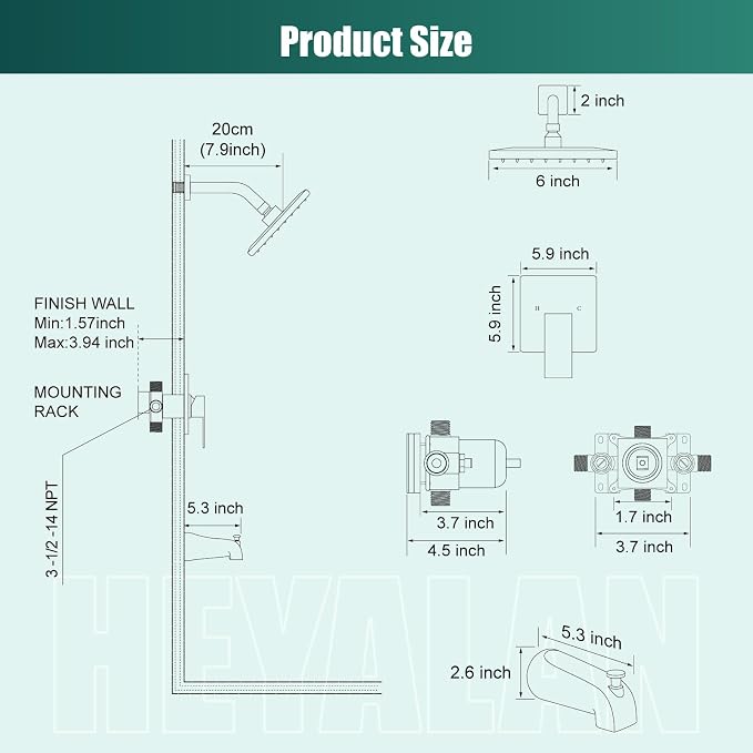 Heyalan Bathtub Shower Faucet Set, 6 Inch Square Trim Kit - Image 7