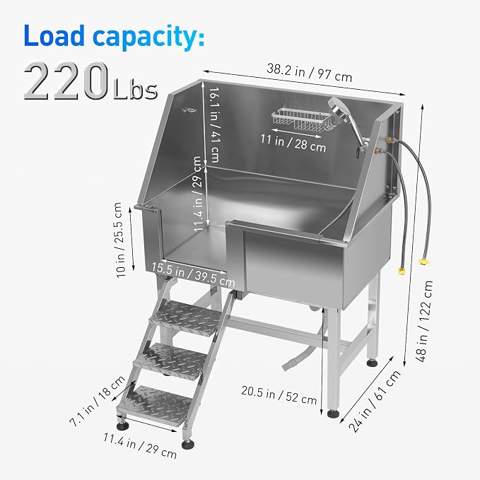 Dog Washing Station, 38 Inch Stainless Steel Bathing Station, Pet Dog Grooming - Image 3