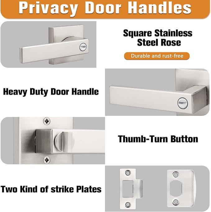 Probrico Interior Brushed Nickel Door Handle, Heavy Duty, Flat Square Privacy - Image 3