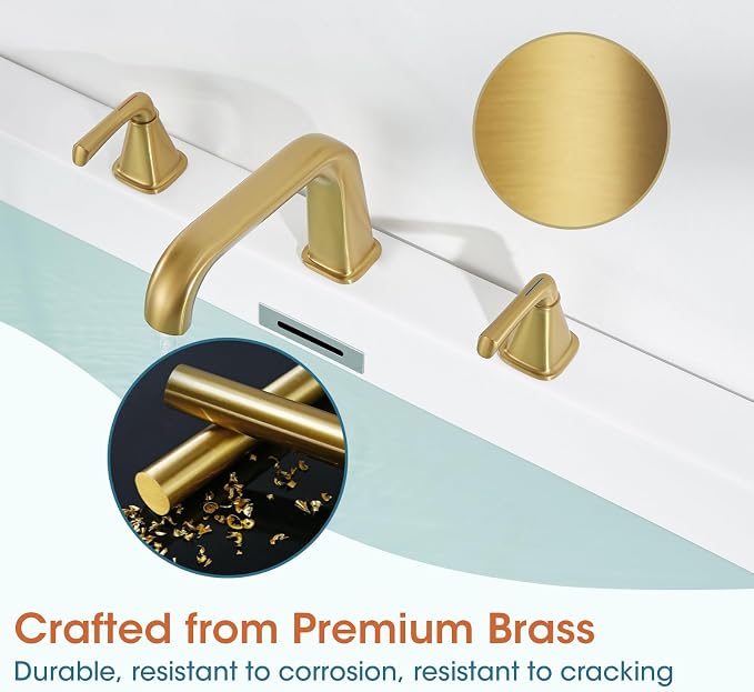 Bathtub Faucet Set 3 Hole, Brushed Gold Roman Bathtub Faucet, High Flow Deck - Image 5