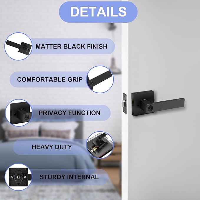 Privacy Interior Door Lever, Heavy Duty Matte Black Door Handles Square Door - Image 7