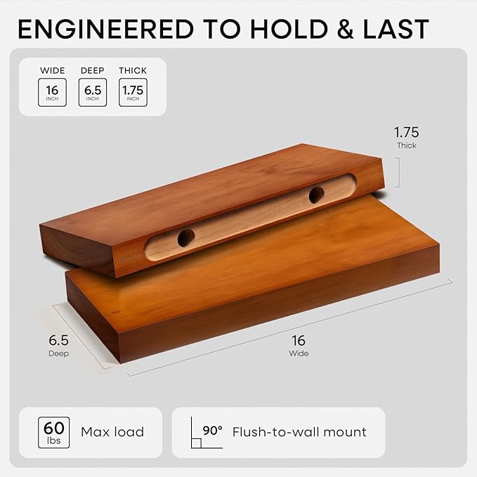 Homeforia 16 inch Oak Floating Shelf, High End Solid Real Wood 16inch Small - Image 2