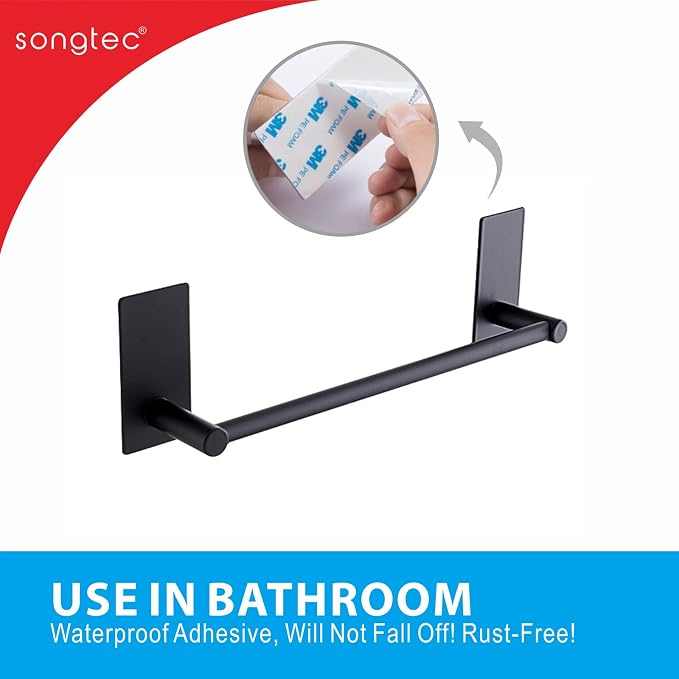 Adhesive Black Towel Bar 9-inch, Stick On Bath Towel Rack, Hand Towel Holders - Image 4