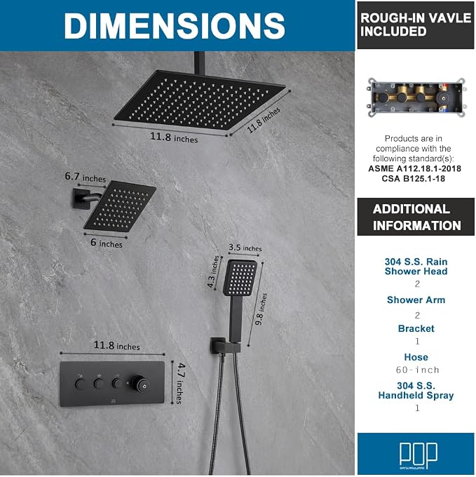 POP SANITARYWARE Matte Black Shower Faucet Set Bathroom Rainfall Shower System - Image 8