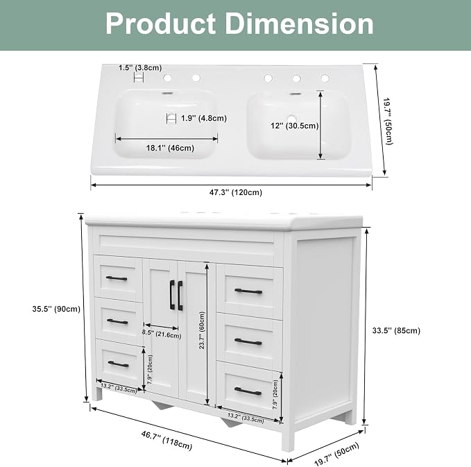 48 Inch Bathroom Vanity with Sink, Bathroom Vanity Cabinet with Doulble Sink - Image 2