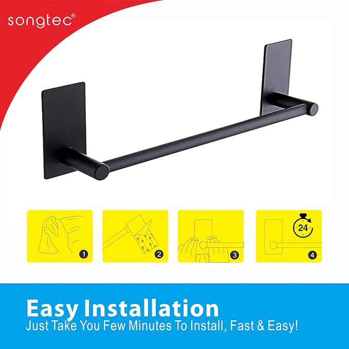 Songtec Stick Towel Bar Black 12-Inch, Adhesive Bath Towel Rack No Drill - Image 7