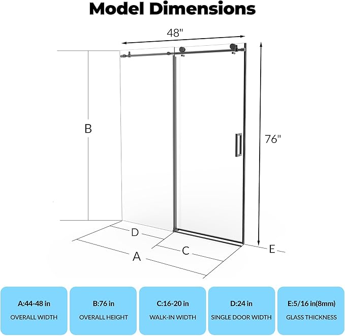Frameless Shower Door, Adjustable 44"-48" Width x 76" Height, Features 8mm SGCC - Image 2