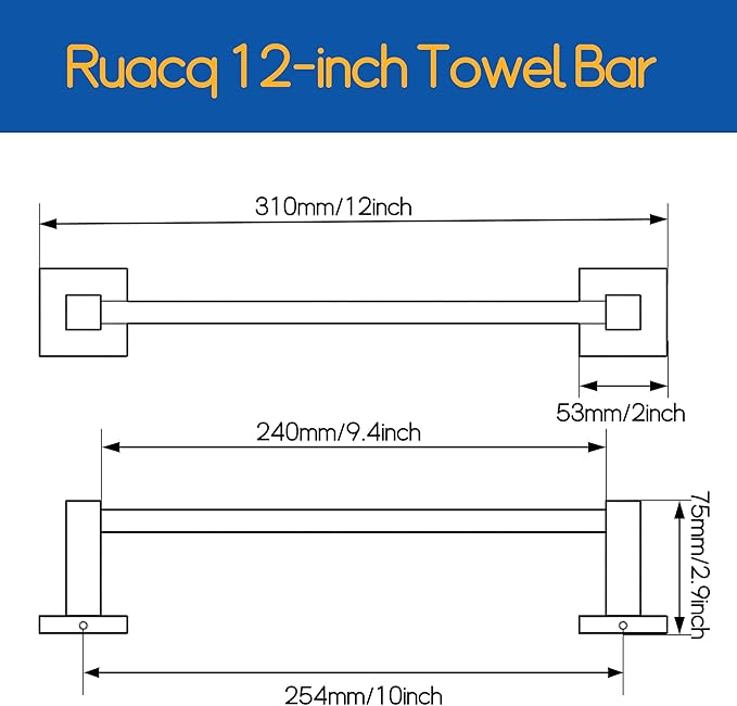 Ruacq Hand Towel Holder Towel Ring Black Center to Center 10inch Towel Bars - Image 2