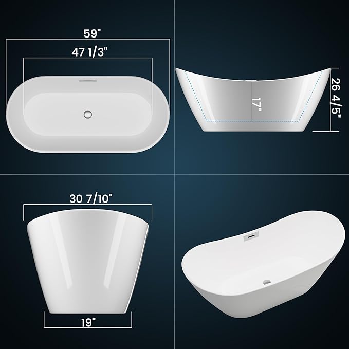 59 Inch Acrylic Freestanding Bathtub, Soaking Bathtub - Image 3