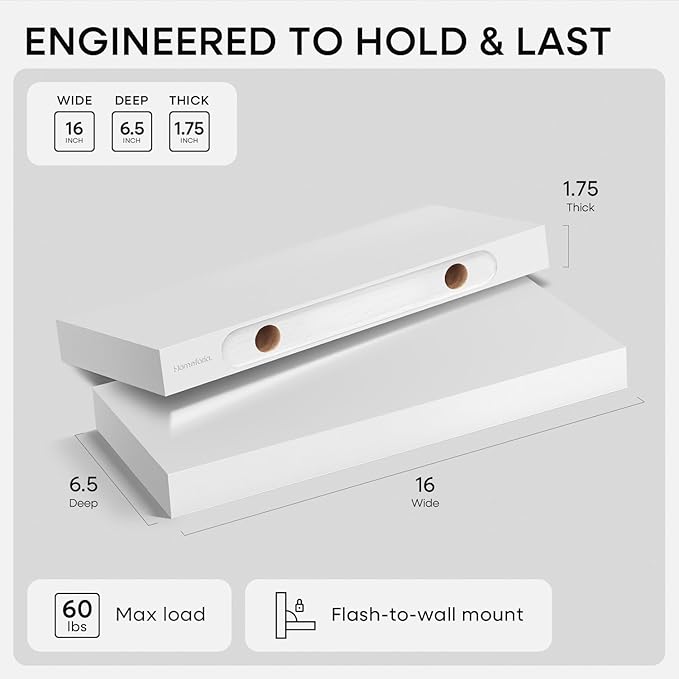 Homeforia White Floating Shelves 16 inch, High End Solid Real Wood 16inch - Image 2