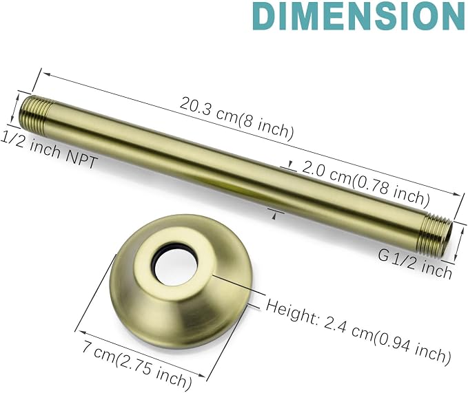 BESTILL 8 Inch Ceiling Mount Rain Shower Head Arm and Flange, Brushed Gold - Image 5