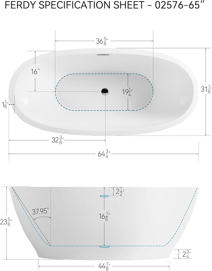 FerdY Koh Samui 65" Acrylic Freestanding Bathtub, Oval Contemporary Soaking - Image 4
