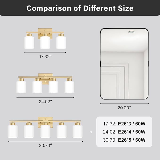 Gold Bathroom Light Fixtures, 3-Light Modern Vanity Light Over Mirror, Wall - Image 6