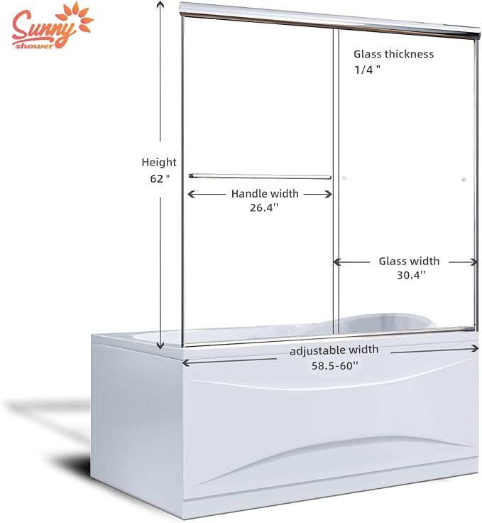 SUNNY SHOWER Bathtub Shower Door 60" W x 62" H Semi-Frameless Double Sliding - Image 3