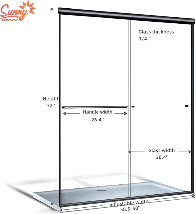 SUNNY SHOWER 58.5-60 in.W x 72 in.H Glass Shower Door, Semi Frameless Double - Image 2