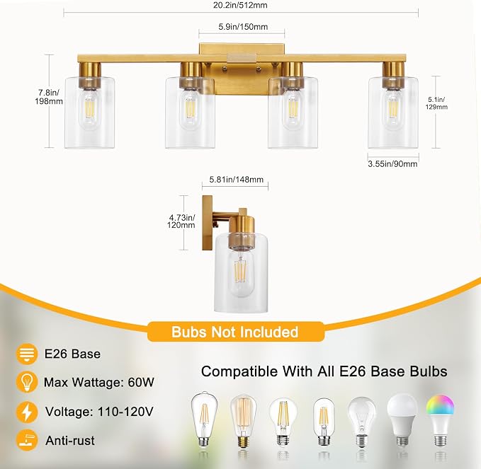 Brushed Gold Bathroom Light fixtures, Living Room Bedroom Hallway, Bathroom - Image 3