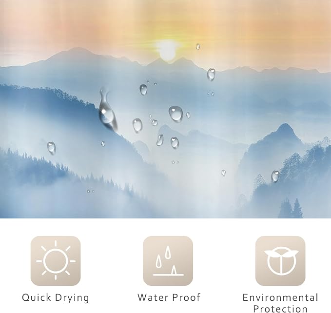 Riyidecor Misty Mountain Shower Curtain 72Wx72H Inch Blue Sunrise Scenery Foggy - Image 7