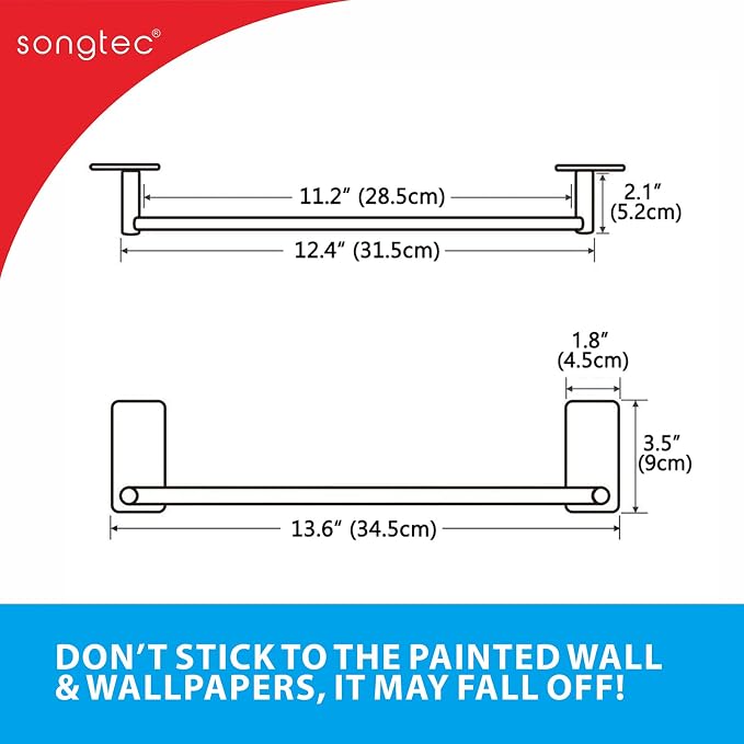 Songtec Gold Towel Bar 12-Inch, Adhesive Stick On Bath Towel Rack No Drill - Image 9